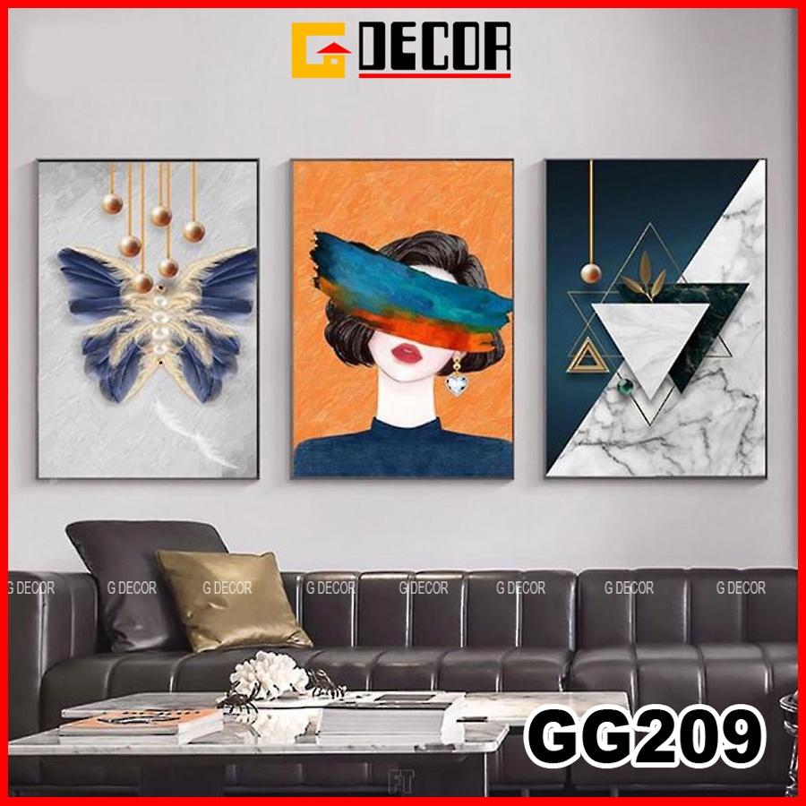 Tranh treo tường canvas 3 bức phong cách hiện đại Bắc Âu 209, tranh cô gái trang trí phòng khách,phòng ngủ, phòng ăn,spa