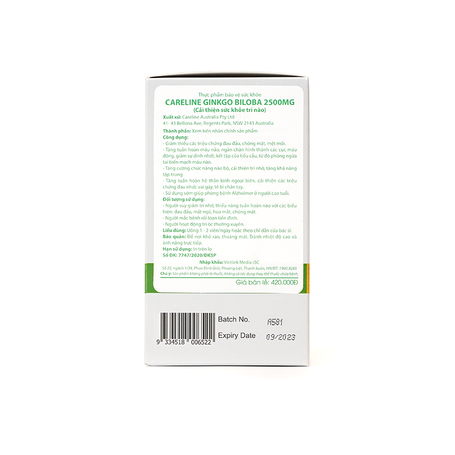 Viên uống Careline Ginkgo Biloba 2500mg cải thiện trí não Hộp 60v