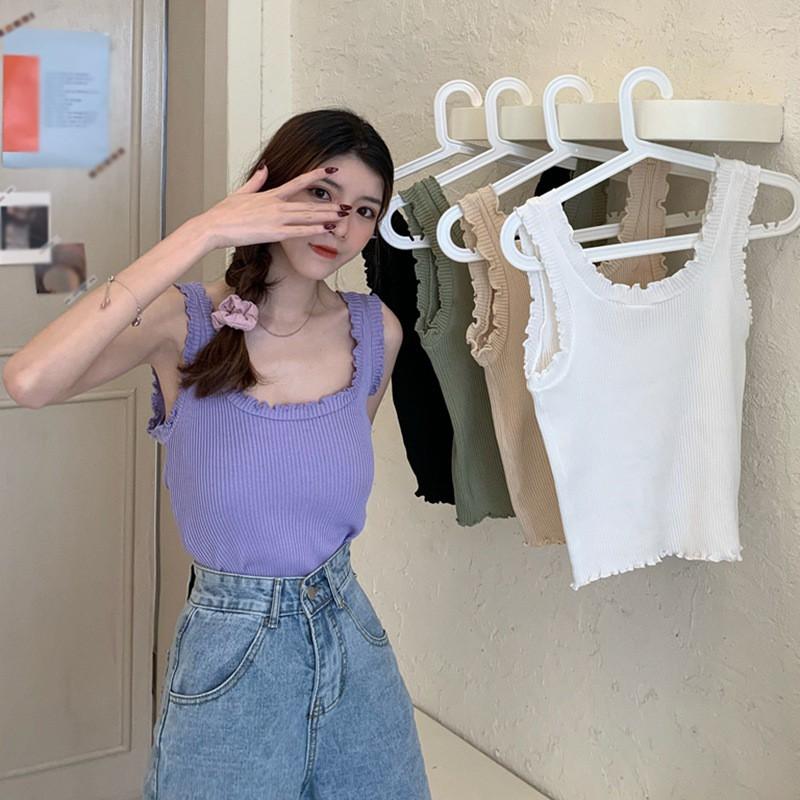 Áo Dệt Kim Sát Nách Màu Trơn Phối Bèo Nữ Tính