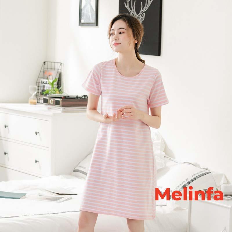 Váy đầm nữ dáng suông kẻ ngang ngắn tay vải Cotton tự nhiên thoáng mát mặc mã VAV0239