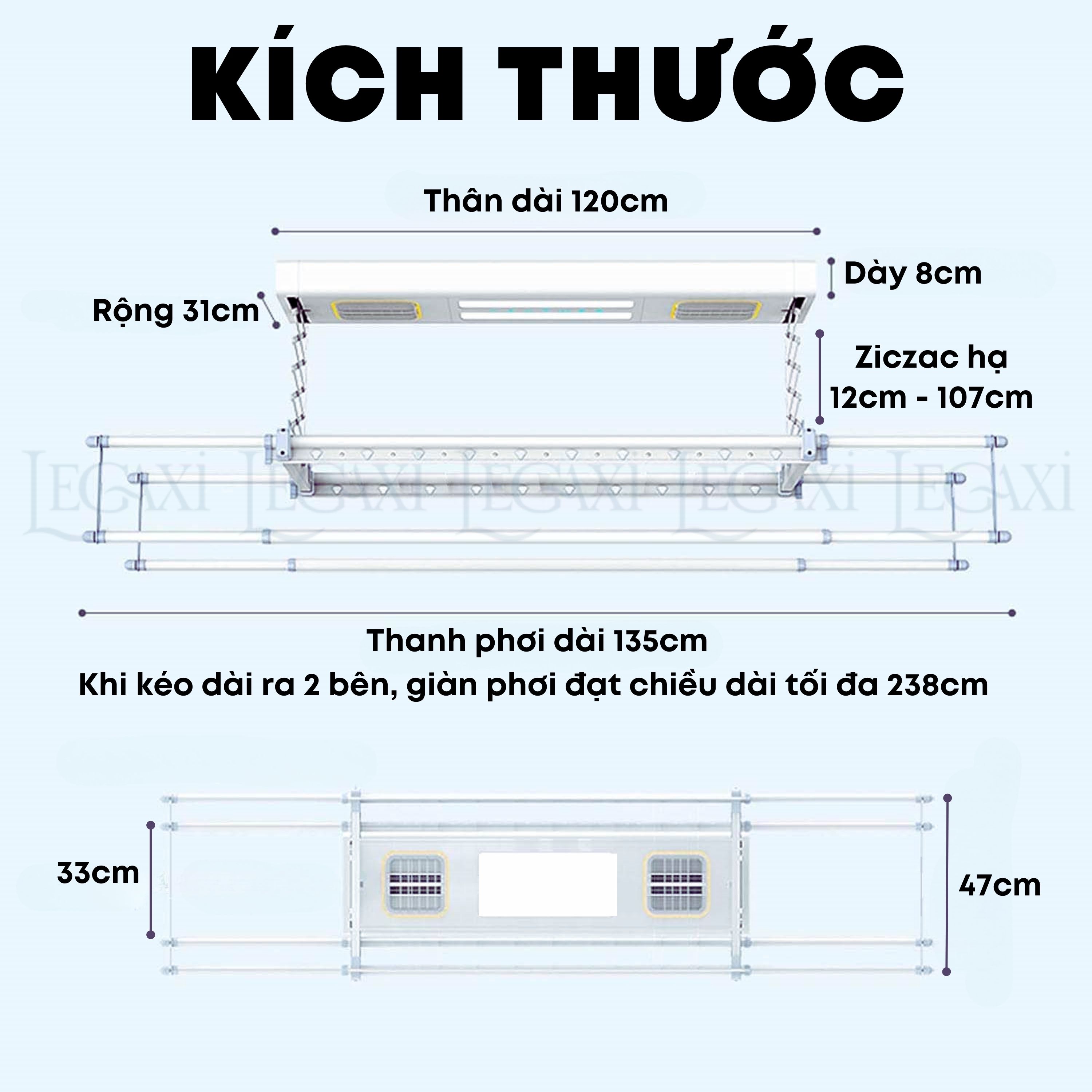 Sào Phơi Đồ Tự Động, Giá Treo Quần Áo Có Quạt Sấy Khô Đèn LED Khử Trùng Tia Cực Tím Remote Gắn Trần Legaxi