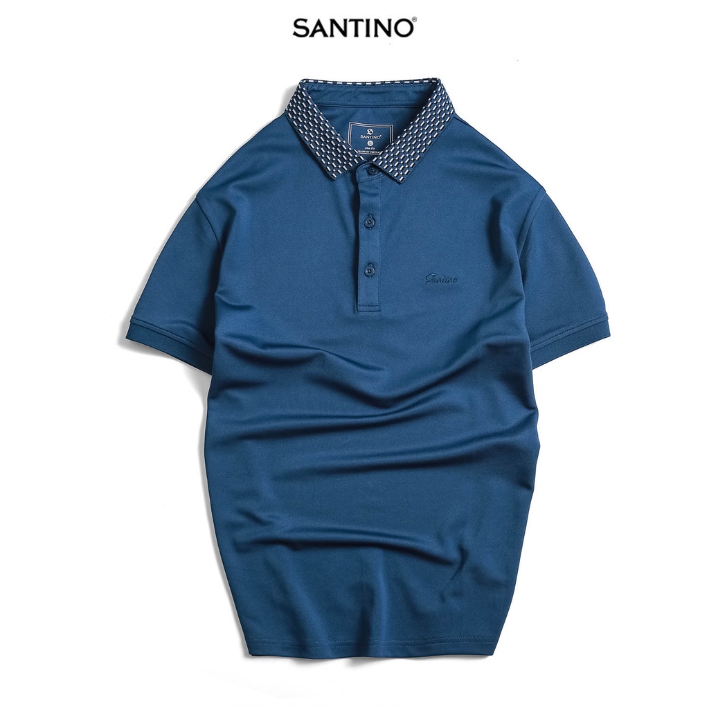 Áo Polo nam Cá Sấu SANTINO form chuẩn, xanh phối bo cổ, co giãn, chống nhăn - E005