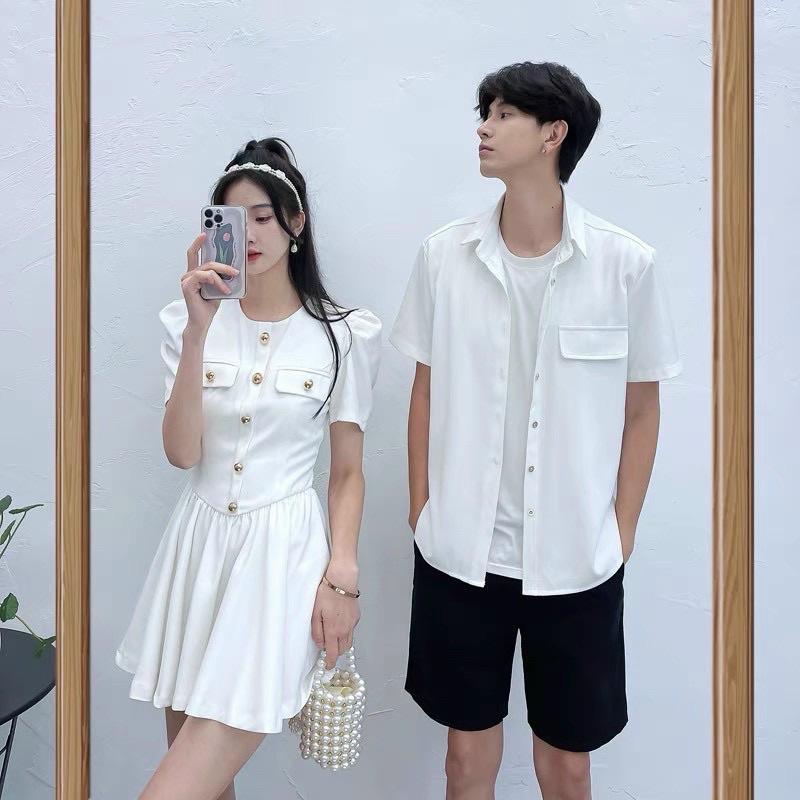Set áo đôi sơ mi đầm xòe màu trắng phong cách Hàn Quốc, đồ cặp tình nhân couple