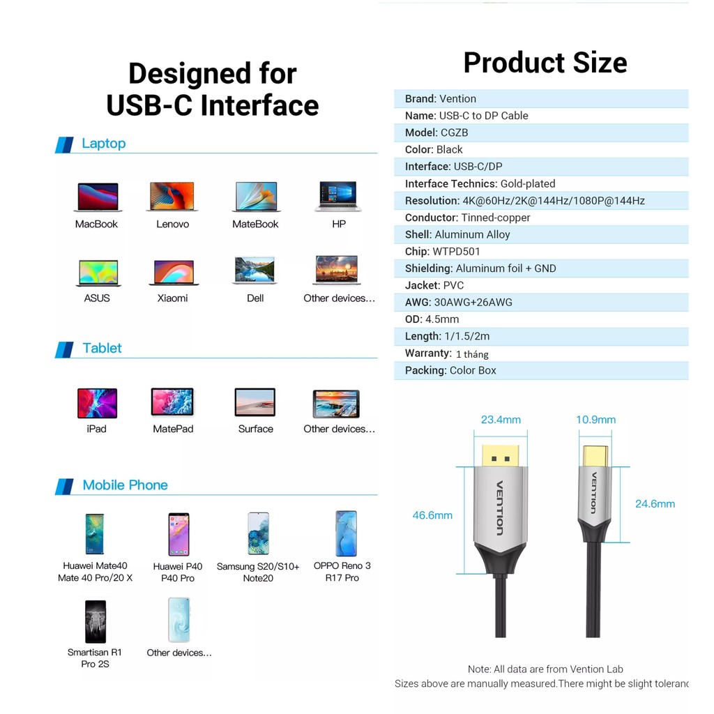 Cáp chuyển Type-C male ra DP male hỗ trợ 4K dây nhựa đầu hợp kim Vention CGZB - Hàng chính hãng