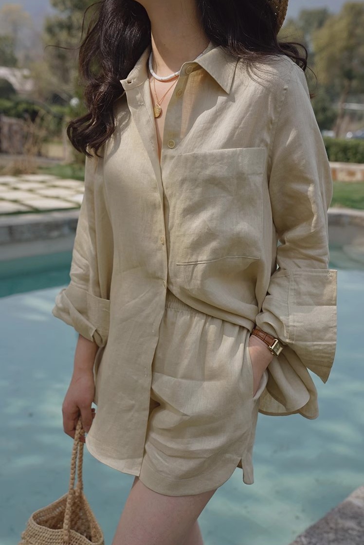 Bộ sơ mi nữ màu be nhẹ nhàng phong cách vintage Hàn Quốc, chất linen mềm mát Đũi Việt DV05