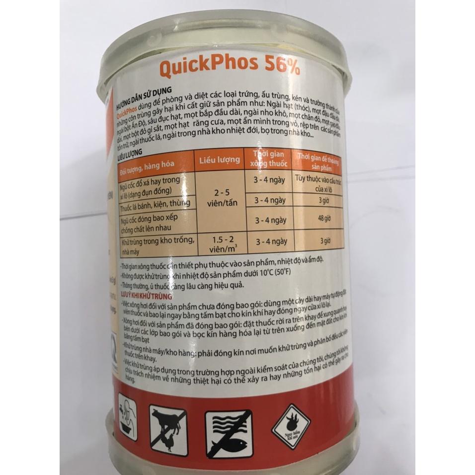 Sản phẩm khử trùng, diệt mọt nông sản Quickphos 56% xuất xứ Ấn Độ. Dạng viên tròn có tuýp, 1 hộp nặng 960g .
