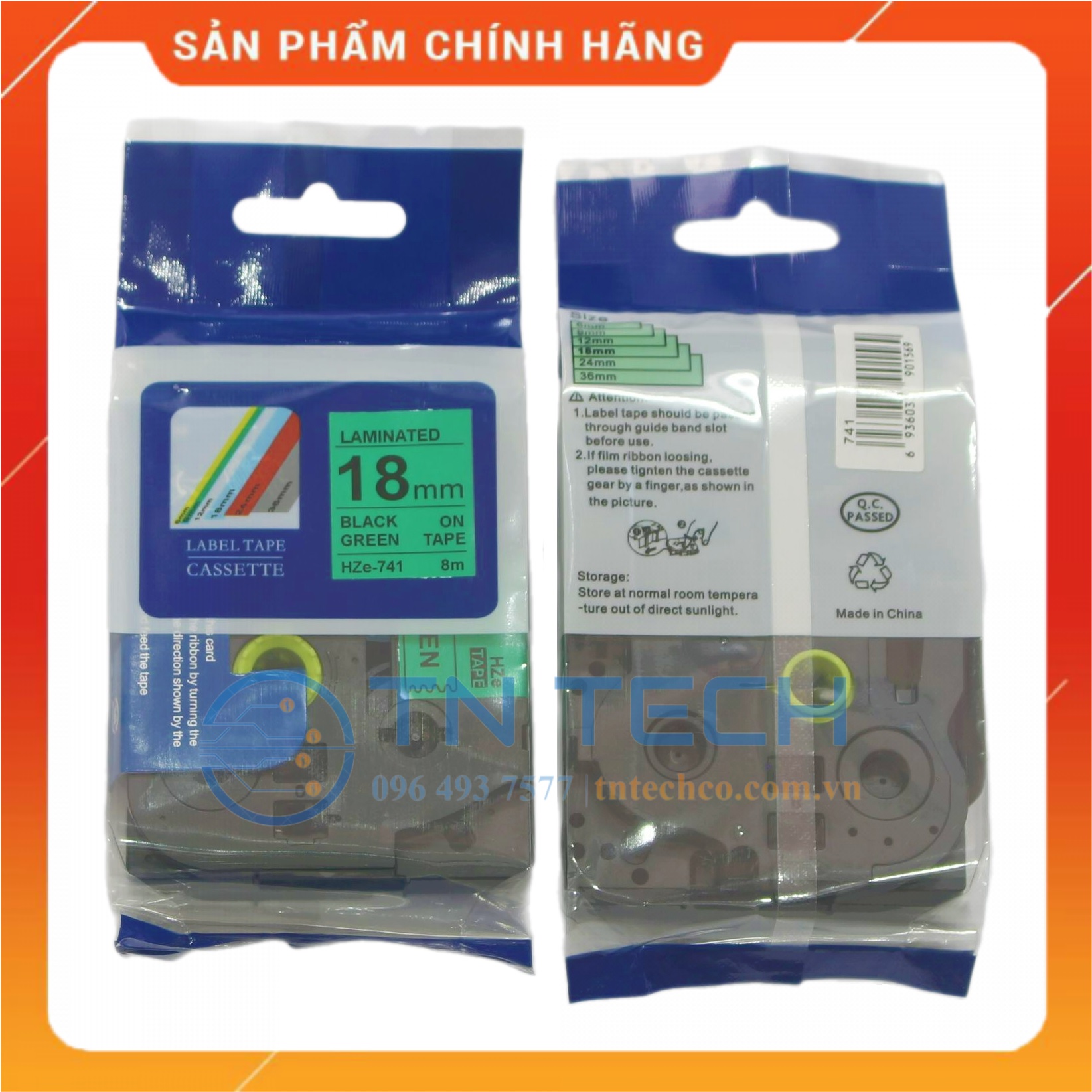 Nhãn In HZE-741 - Đen nền xanh lá 18mm x 8m - Dùng cho máy in BROTHER - AIMO - PUTY [Hàng nhập khẩu]