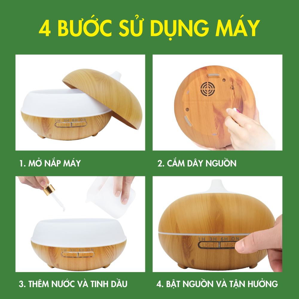 Máy Xông Tinh Dầu Tặng 3 Chai Tinh Dầu TOKI MORI Sả Chanh + Cam Ngọt + Bạc Hà/ Máy Khuếch Tán Hình Quả Bí Vân Gỗ Đèn Led Có Remote Điều Khiển Từ Xa