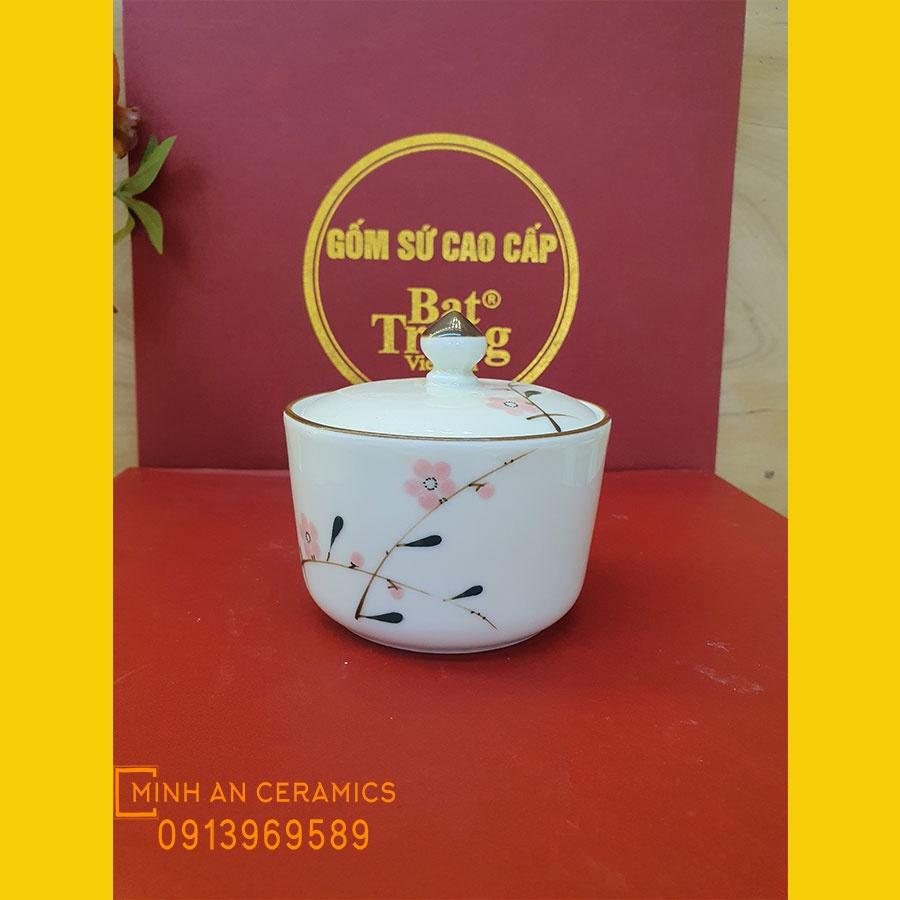 Bộ 03 hộp mứt vẽ đào hồng gốm Minh An Bát Tràng kèm khay gỗ