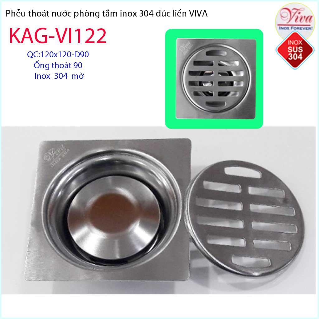 Phễu thoát sàn Viva 12x12 cm KAG-VI122 ống thoát 90mm chống mùi hôi inox 304, thoát sàn inox đúc dày thoát nước nhanh ch