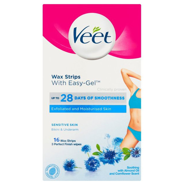 Tẩy lông vùng Bikini VEET Wax Strips 16 Miếng - Da Nhạy Cảm