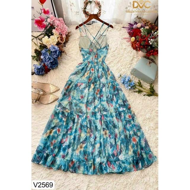 Đầm maxi voan dài hoạ tiết hoa 2 lớp cao cấp