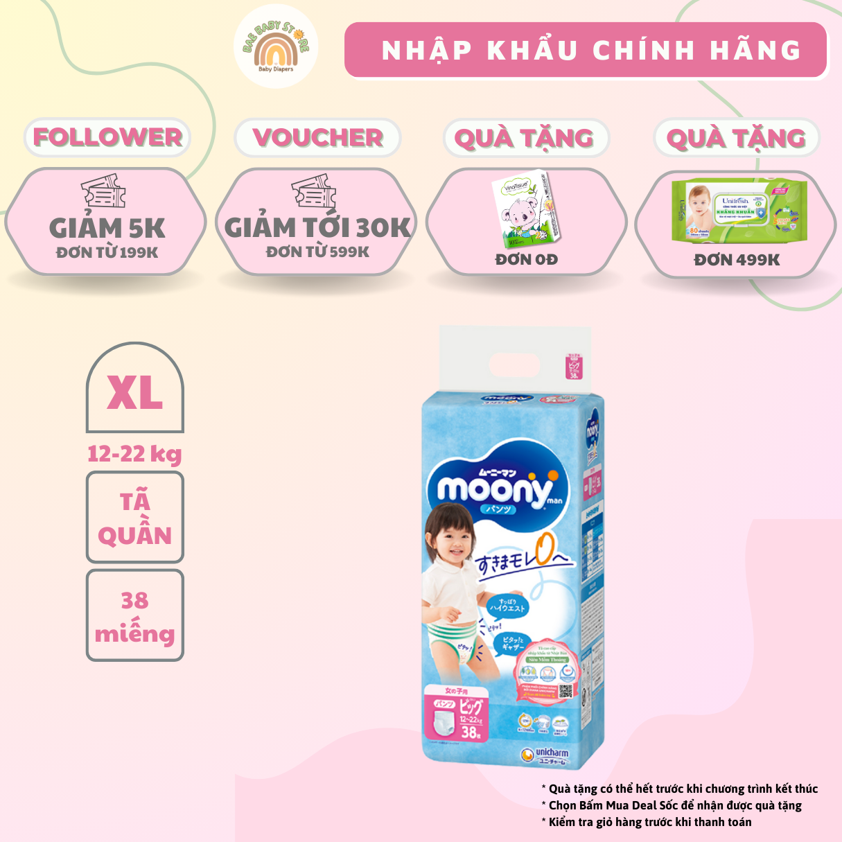 Tã quần cao cấp Moony Bé Gái L44/XL38/XXL26 - Nhập Khẩu Chính Hãng