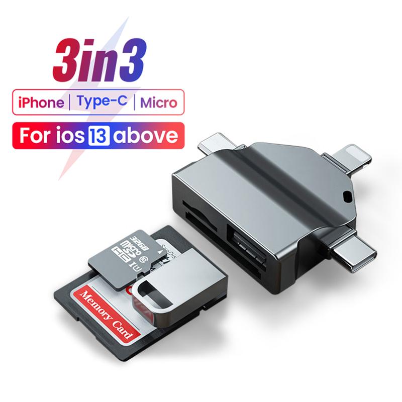 Bộ điều hợp OTG 3in3 cho iPhone IOS 13 trên Micro Type-C sang USB SD TF Readers