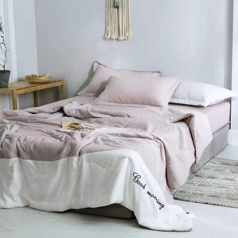 Bộ chăn ga gối 4 món chất liệu đũi silk mềm chăn trần bông sẵn đủ kích thước