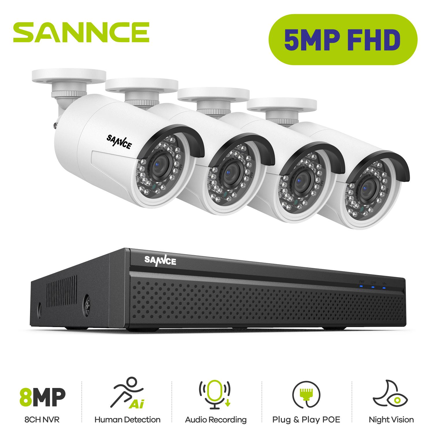 Sannce 8ch 5MP HD Máy ảnh giám sát bảo mật video POE Hệ thống 4PCS 5MP IP camera ngoài trời Weatherproof Home CCTV NVR System Build-In HDD: Không có