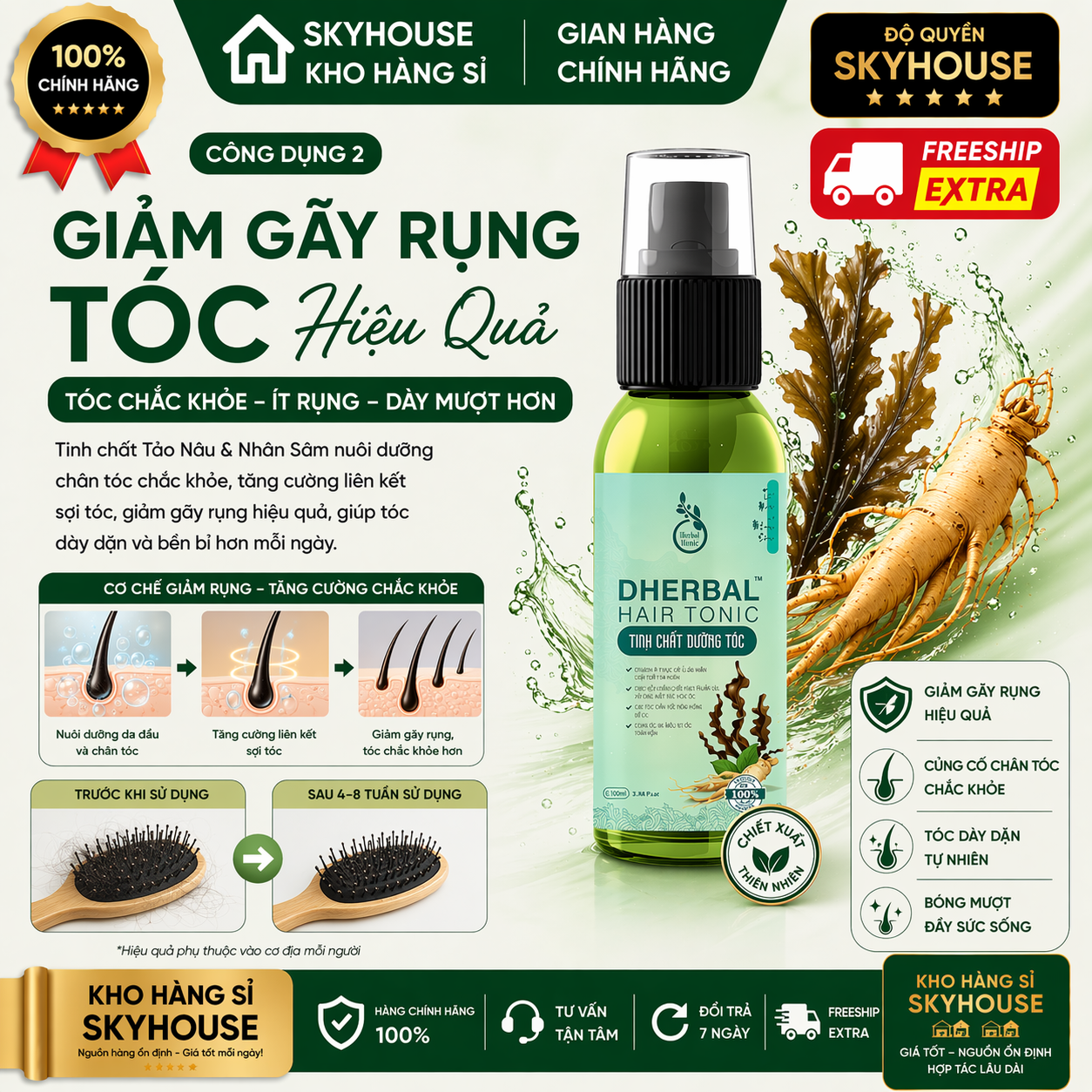 Tinh chất dưỡng tóc thảo dược thiên nhiên chiết xuất tảo nâu nhân sâm độc quyền DHERBAL chai 100ml tinh chất mọc tóc chính hãng