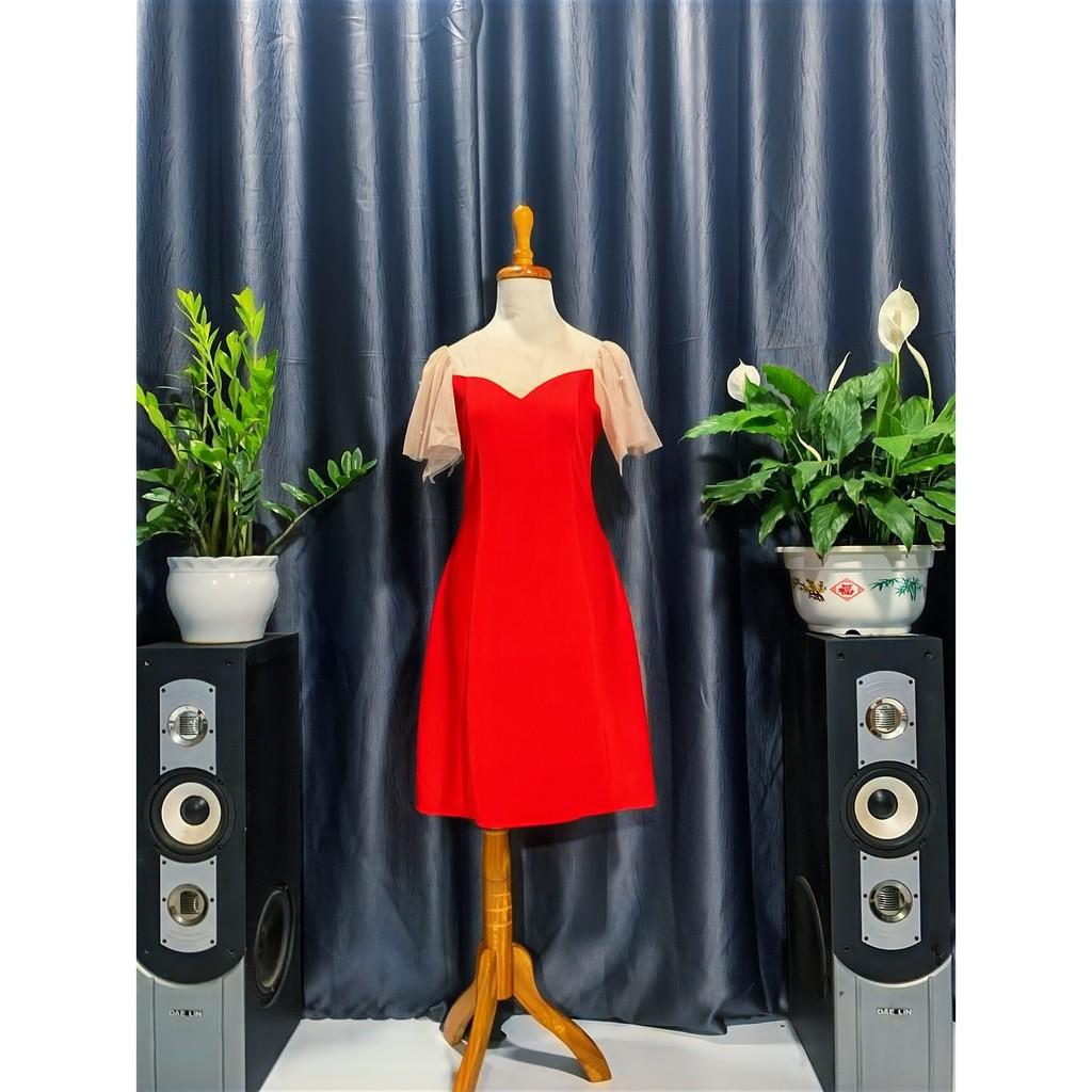 ️ Đầm Nữ Dáng Xòe Đi Tiệc Chất Umi Tay Phối Lưới Free Size 2 Màu Hồng Đỏ ️