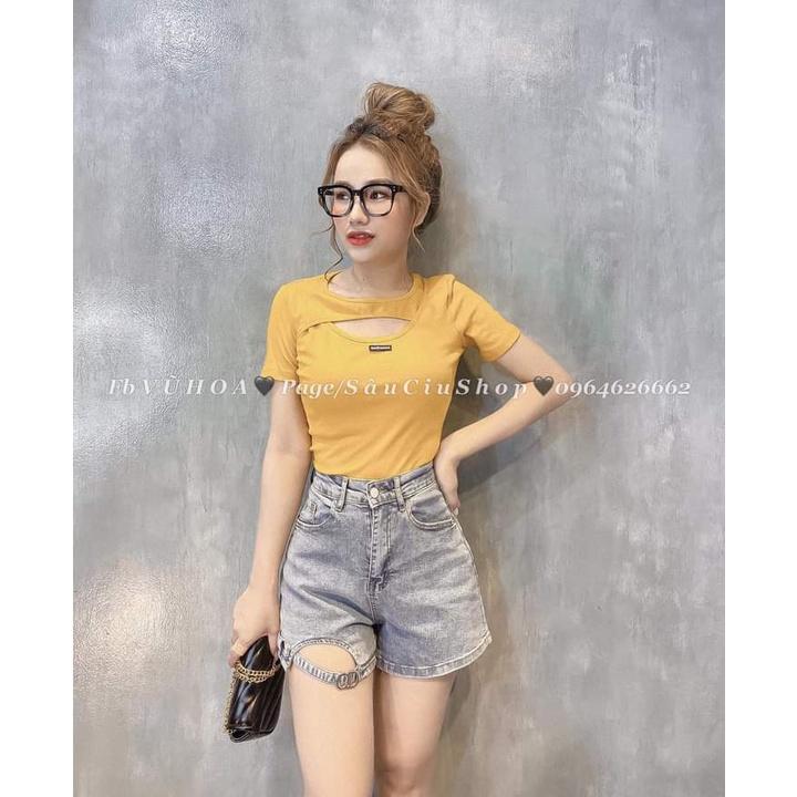 Áo thun nữ khoét ngực tay ngắn, Áo phông kiểu dáng ôm chất cotton mềm mại siêu xinh AN41
