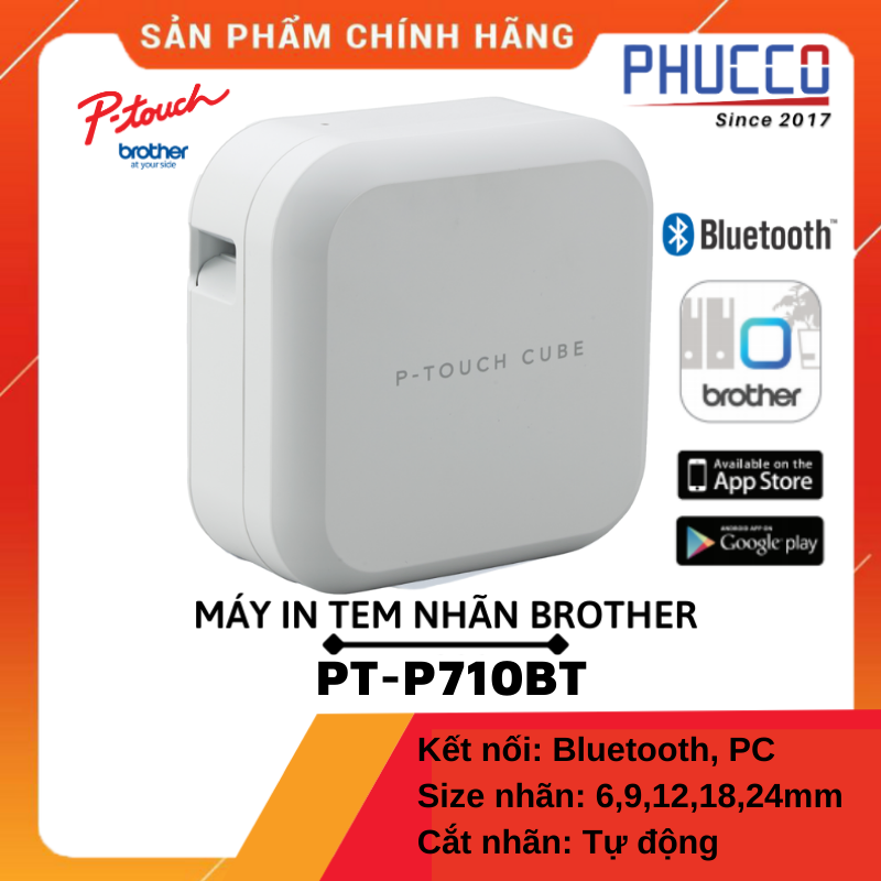 Máy in nhãn và ruy băng Brother PT-P710BT, Kết nối bluetooth, Laptop - Hàng chính hãng