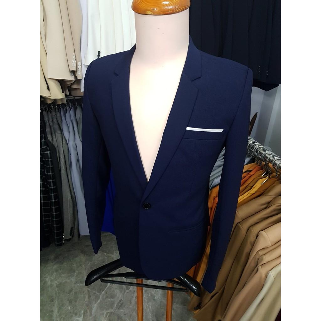 Bộ vest nam màu xanh đen sáng form ôm body chất vải dày mịn co giãn