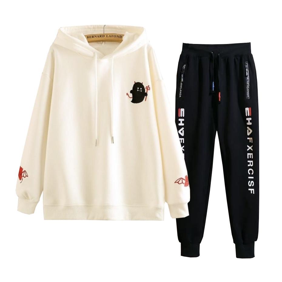 SET ĐỒ THỂ THAO NAM NỮ ULZZANG - BỘ ĐỒ NỈ THỂ THAO SỌC UNISEX, Set bộ Nỉ Bông Unisex Đồ bộ thun dày form rộng oversize, Set Bộ 2 Món Quần Dài + Áo Hoodie Nón Nam Chất Vải Nỉ (2 Dọc Chữ + Quỷ Nhỏ)