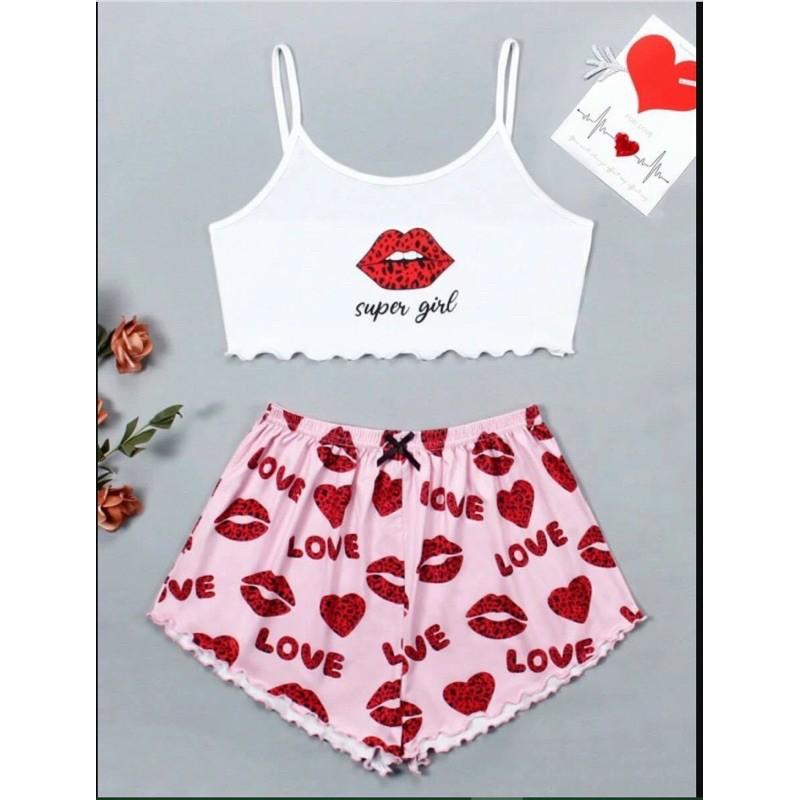 set áo 2 dây croptop kèm quần in 3D siêu xinh chất cotton mềm mịn-N