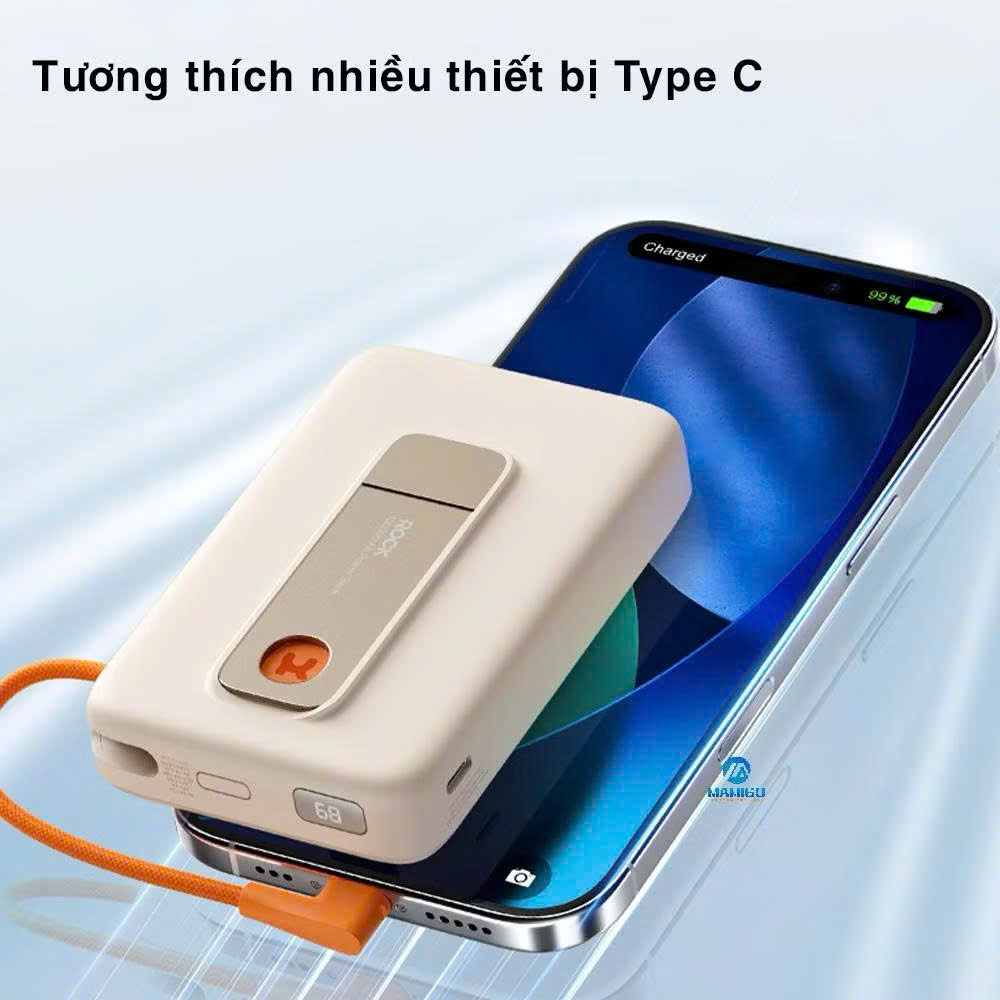 Pin sạc dự phòng không dây 10000mAh kiêm giá đỡ điện thoại Rockspace P28 Pro sạc nhanh 22.5W Magnetic Wireless tích hợp cáp - hàng chính hãng bảo hàng 12 tháng