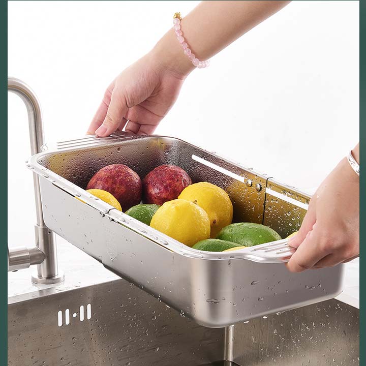 Khay rổ inox 304 gác chậu bếp thông minh xếp gọn, để đồ đa năng