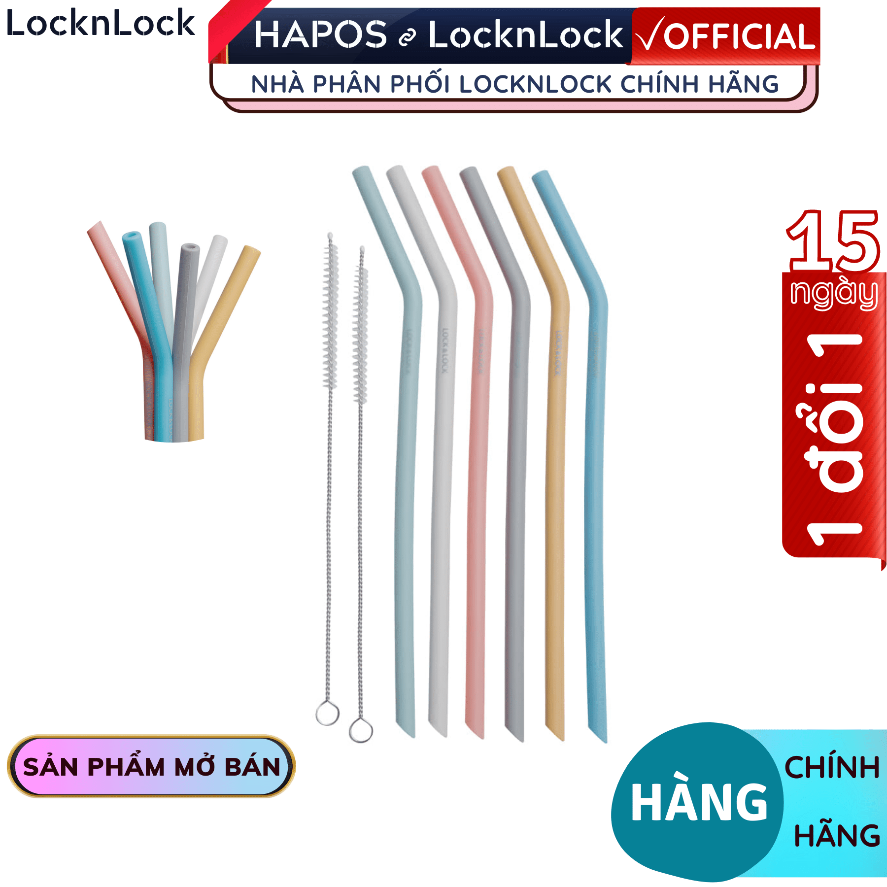 Bộ 6 ống hút Silicone Lock&amp;Lock kèm 2 cọ rửa - Hàng chính hãng chịu nhiệt tốt - Hapos