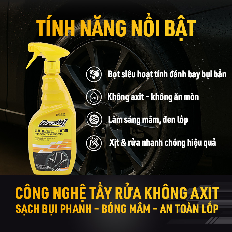 Xịt Làm Sạch Mâm &amp; Vỏ Xe FORMULA 1 615264 680ml Đánh Bay Bụi Phanh Sáng Bóng Tức Thì - Nhập Khẩu Chính Hãng