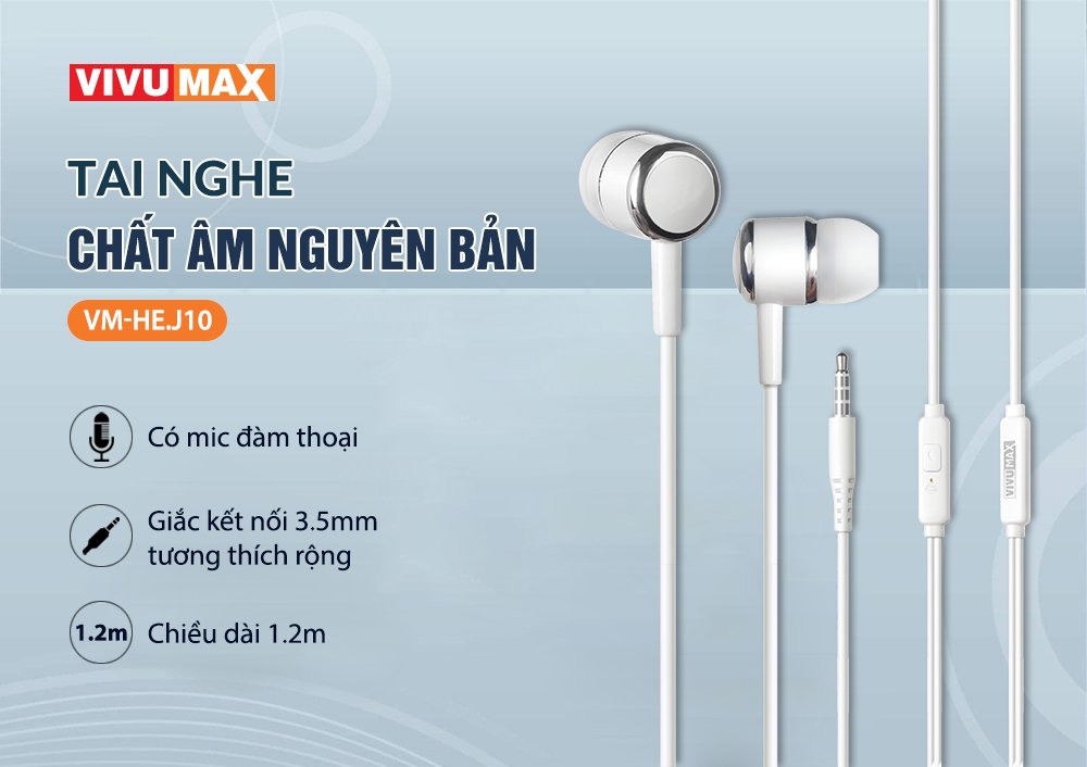 Tai nghe nhét tai có dây VivuMax J10 - Jack cắm 3.5mm, có Mic và Microphone - Hàng Chính Hãng