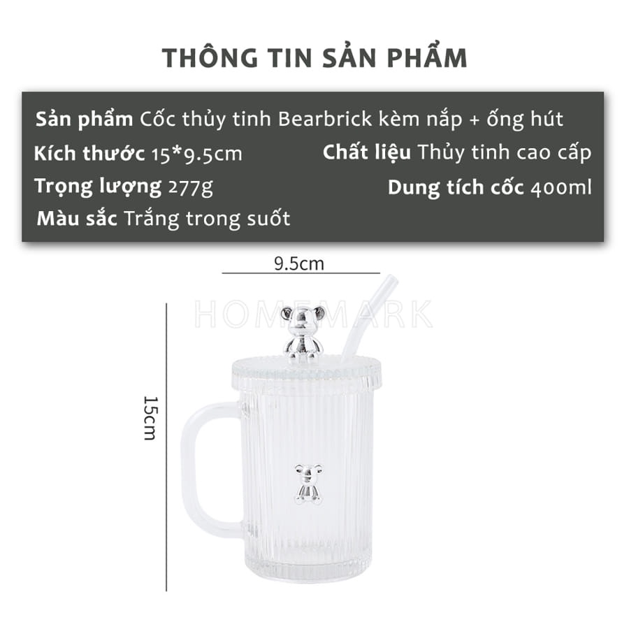 Cốc Thủy Tinh Giữ Nhiệt Hình Gấu Bearbrick, Cốc Uống Nước Đa Năng 400ML Có Nắp Đậy Tặng Kèm Ống Hút Sang Trọng - HÀNG CHÍNH HÃNG MINIIN