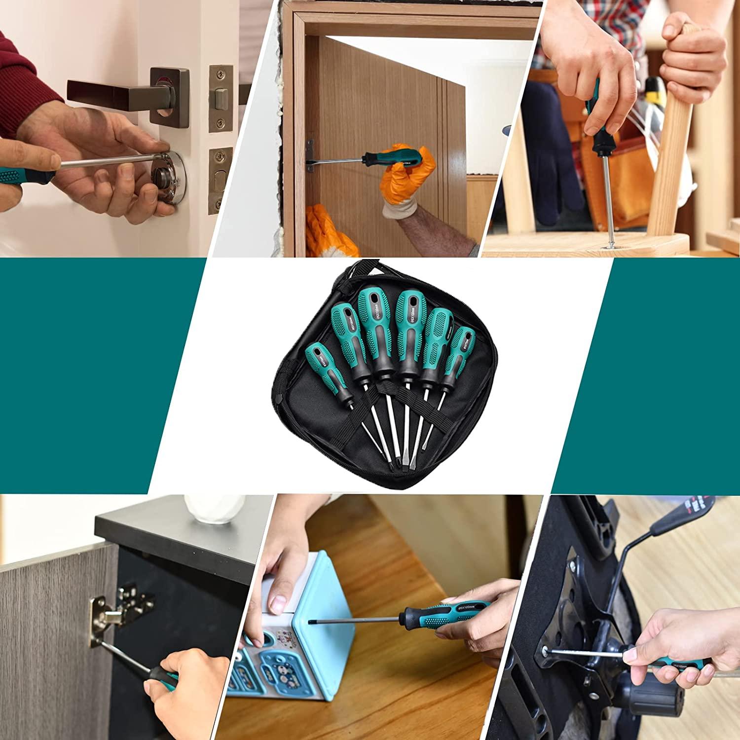 Bộ 6 tuốc nơ vít Chrome Vanadium từ nặng với 3 đầu phẳng và 3 đầu chéo - có vỏ