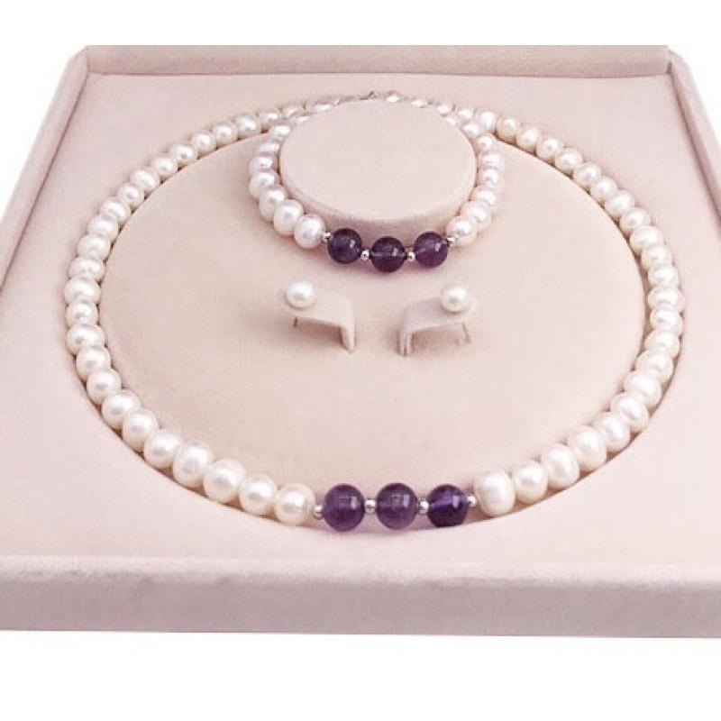 Bộ Trang Sức Trai Nước Ngọt Tự Nhiên 9 Ly Sáng Mix Đá Tím Sang Trọng - Trường Thịnh Ngọc Trai
