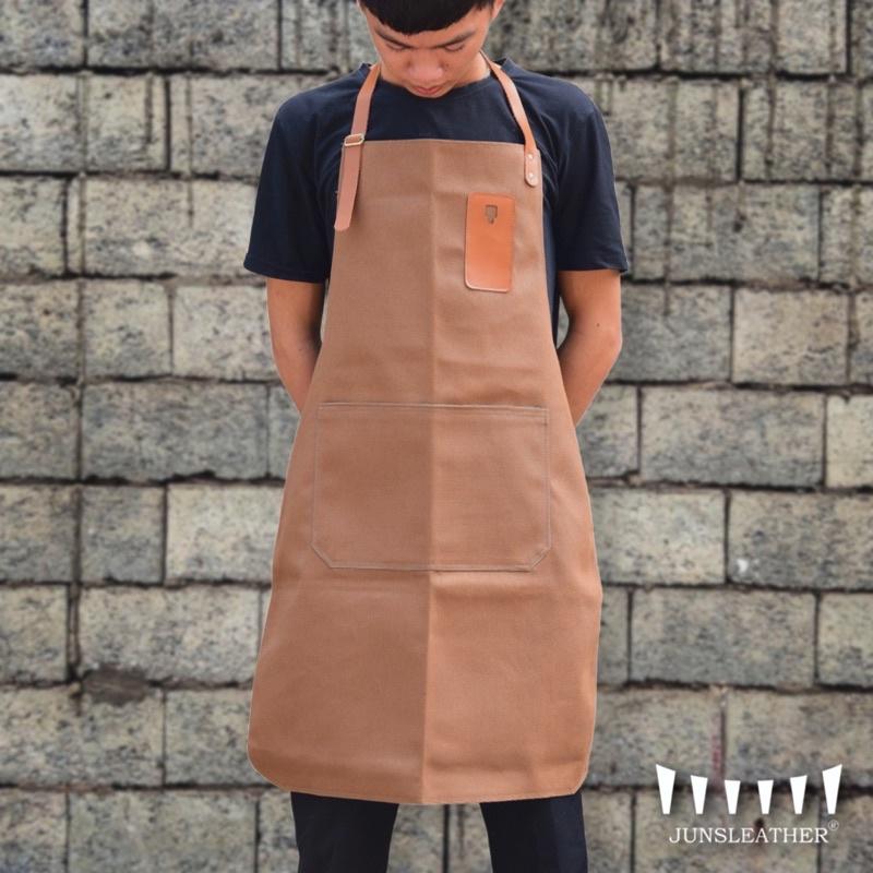 Tạp dề pha chế vải canvas dây da của Junsleather phối da bò cao cấp dành cho Barista/Bartender quán cà phê