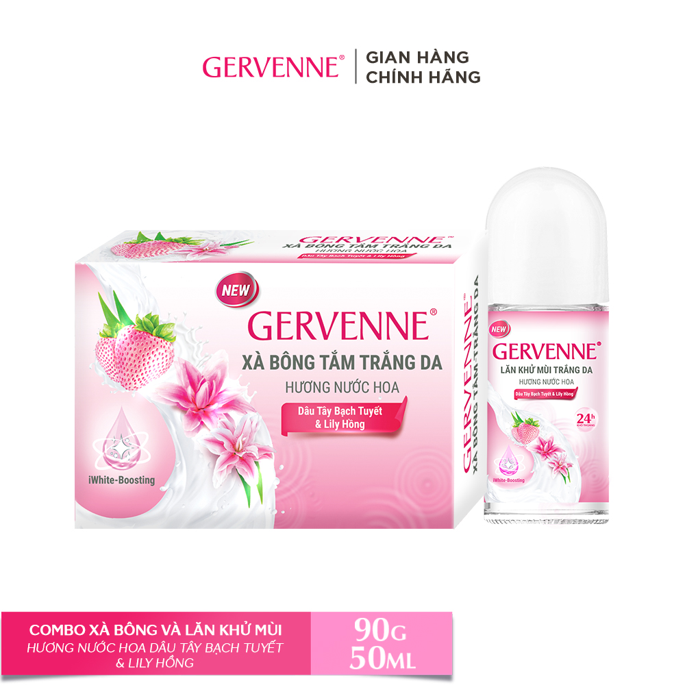 Combo Xà bông tắm trắng Gervenne 90g và Lăn khử mùi trắng da hương Dâu Tây Bạch Tuyết và Lily Hồng 50ml