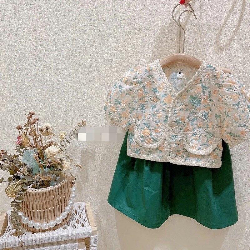 VT47 Size90-130(9-25kg) ️Set bộ bé gái (Áo vải thô + Chân váy vải mịn) Thời trang trẻ Em hàng Quảng Châu