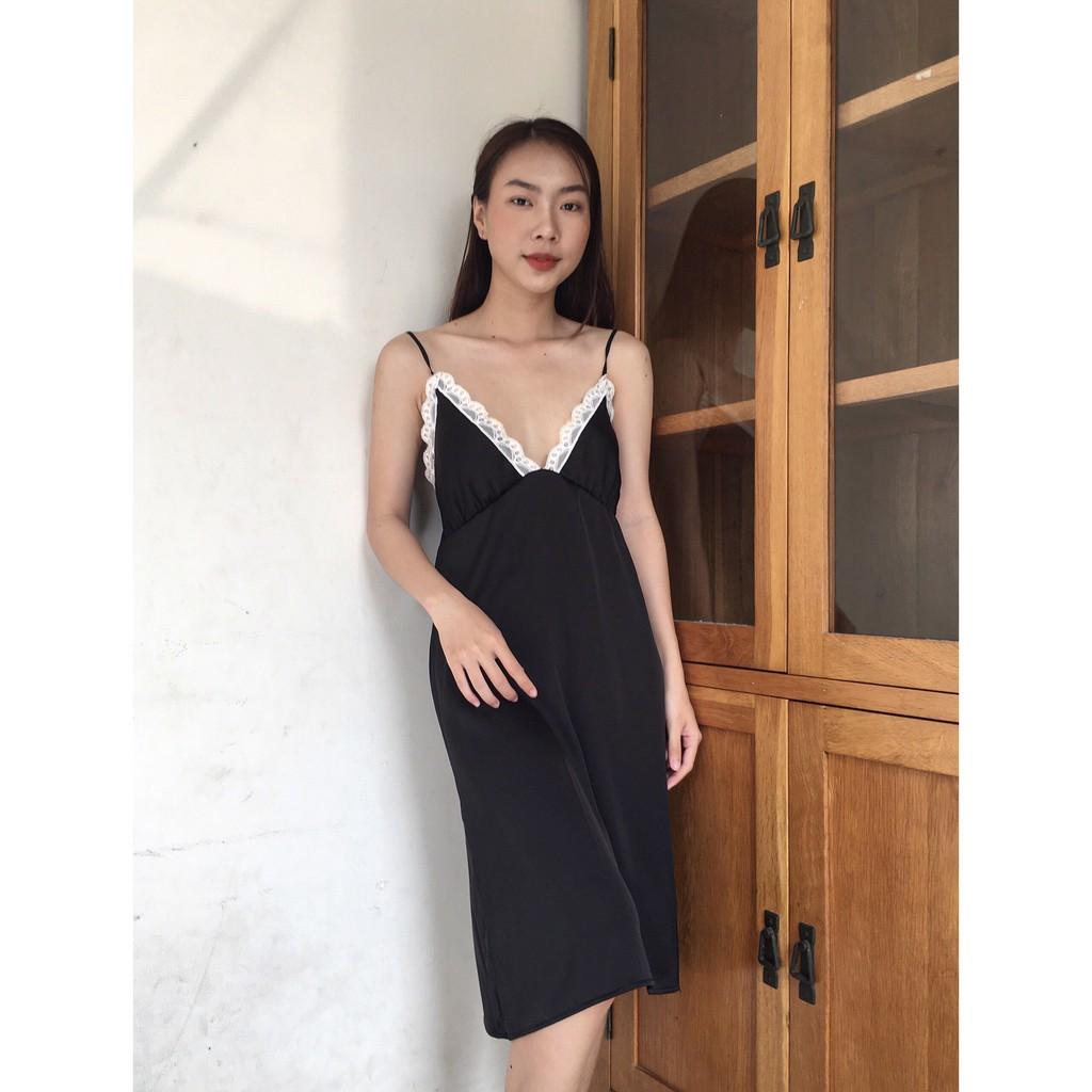Váy ngủ lụa hai dây phối ren sang trọng xinh xắn-Màu đen