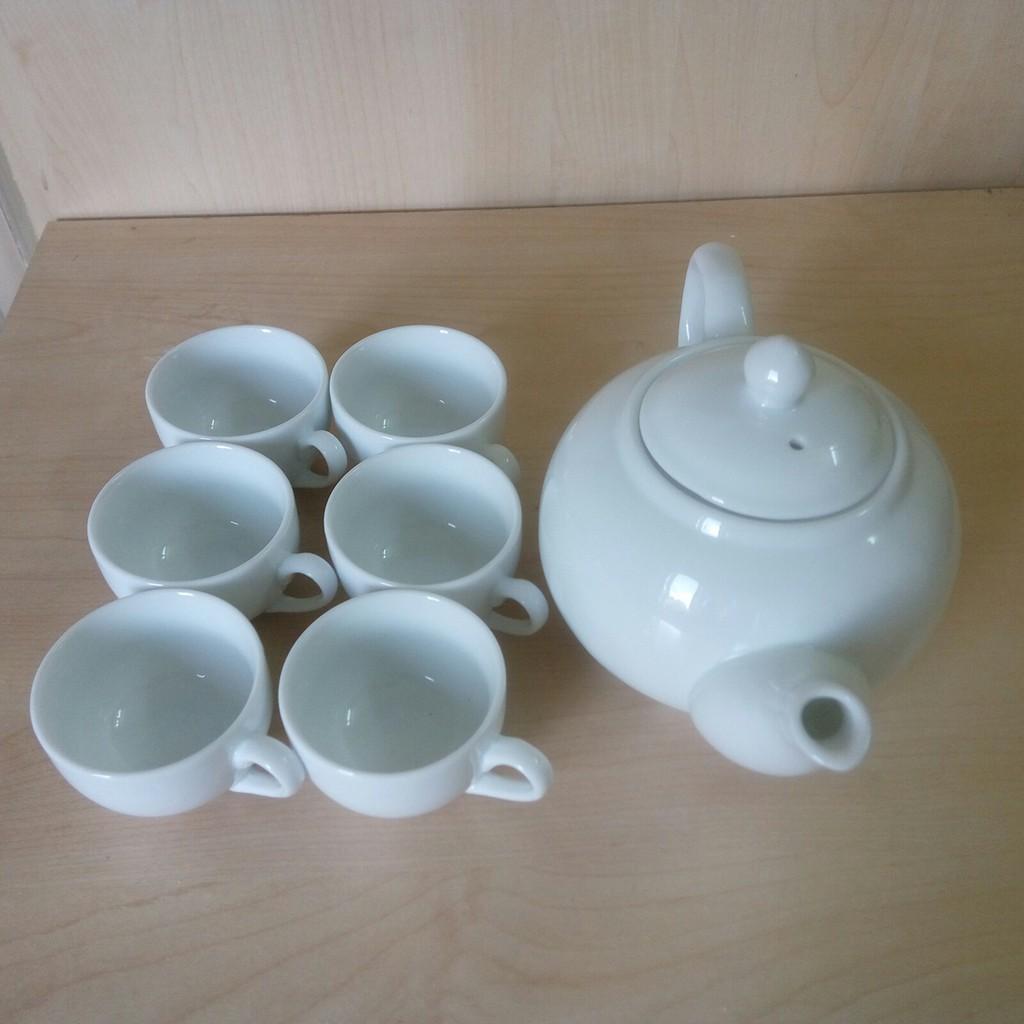 Bộ ấm trà dáng bẹt Bát Tràng cỡ nhỡ dung tích ~450 ml, chén có tai