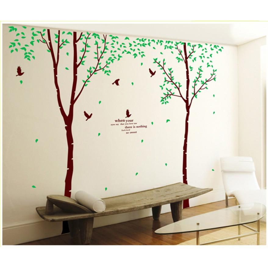 Decal trang trí tường - 2 Cây mỏng lá xanh nhí Chim Đen size lớn