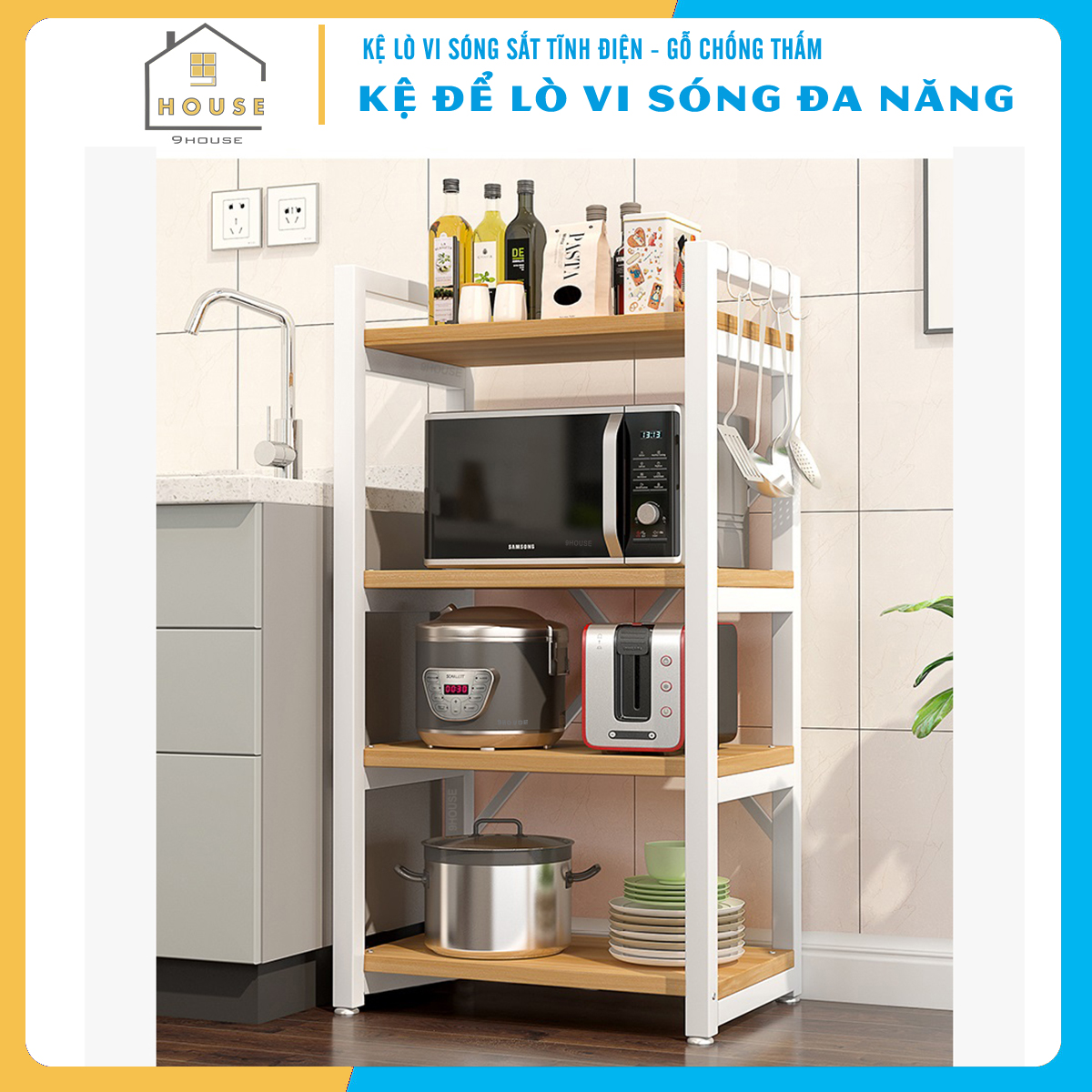 Kệ để lò vi sóng 174-2N thương hiệu 9House kệ bếp để lò nướng nồi cơm điện lò vi sóng gia vị loại khung sắt dày sơn tĩnh điện chống rỉ mặt gỗ MDF lõi xanh chống ẩm bề mặt phủ melamine chống thấm cao cấp - Hàng chính hãng