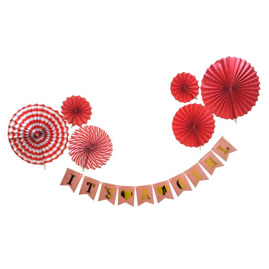 Its A Girl Bunting Banner Garland Paper Pinwheel Fans Baby Shower Kit Red