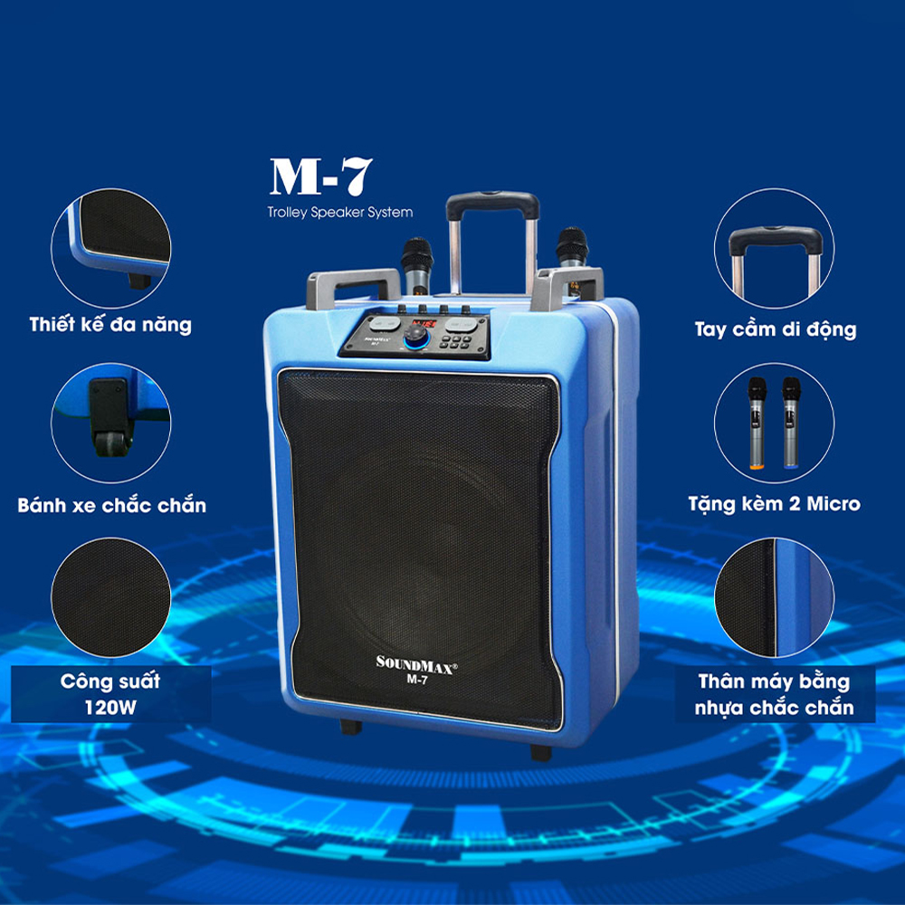 Loa kéo karaoke SoundMax M-7 | Trolley Karaoke Speaker SoundMax M7 - Tặng kèm 2 micro chuyển đổi tần số | Loa bluetooth karaoke di động | Loa nghe nhạc | Loa du lịch - Hàng Chính Hãng