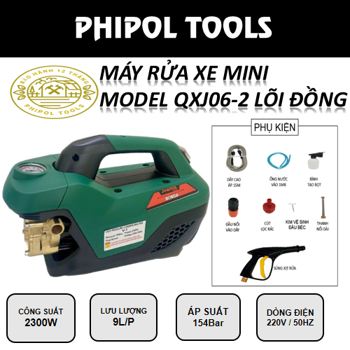 Máy rửa xe công suất 2300W PHIPOL TOOLS QXJ06.2 dây lõi đồng tặng kèm bộ phụ kiện - Hàng Chính Hãng