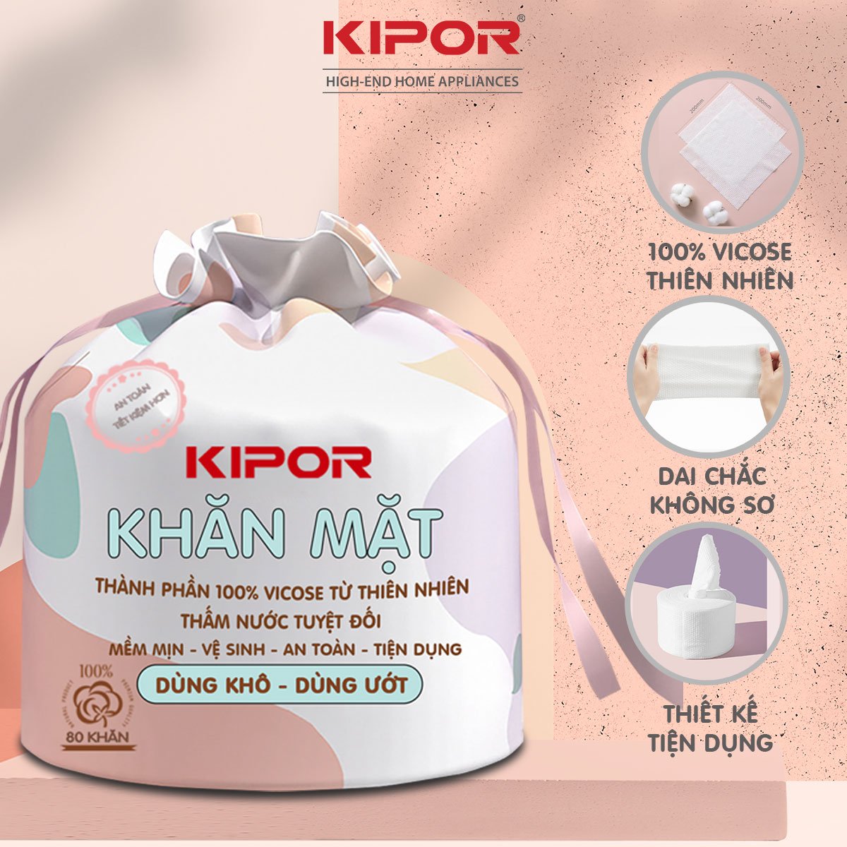 Khăn mặt khô KIPOR dùng 1 lần lau khô, lau ướt - 60 khăn/cuộn, kích thước 20x20cm - Hàng chính hãng