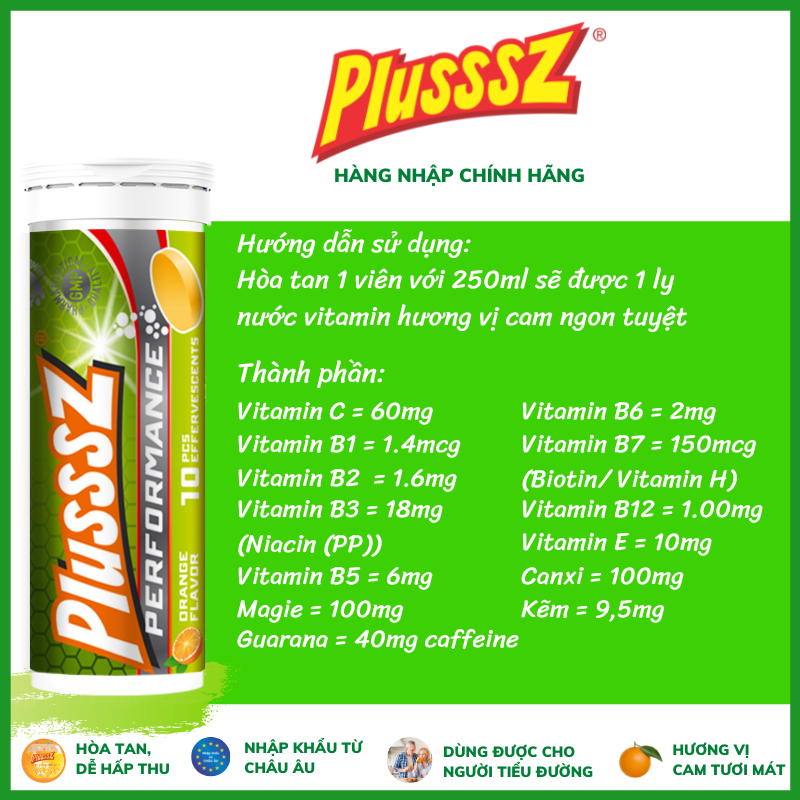 {COMBO 3 TUÝP} Viên sủi Plusssz Performance vị cam không đường cung cấp 13 vitamin và khoáng chất vượt trội, bổ sung cafein từ Guarana hỗ trợ tăng cường sức đề kháng