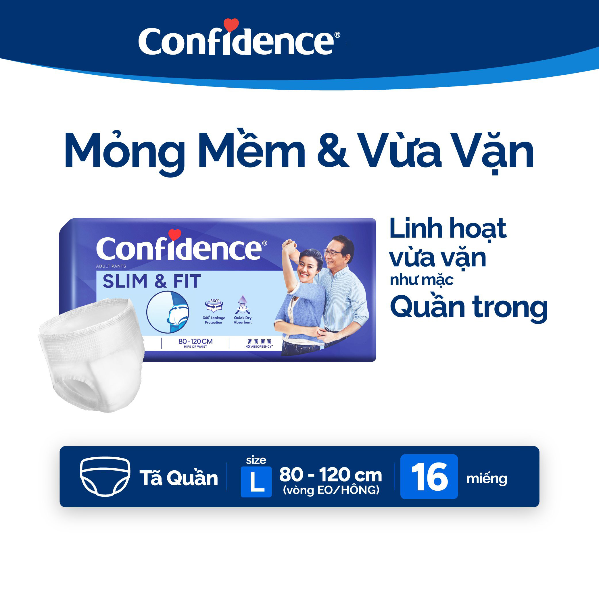 Tã quần Người Lớn Confidence Slim & Fit size L16 (16 miếng)