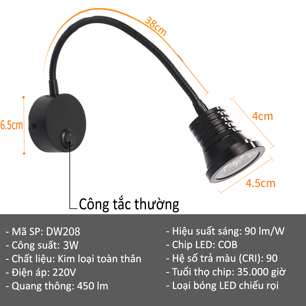 Đèn đọc sách đầu giường Led 3W-220V, Đèn rọi gắn tường 3 bóng siêu sáng soi tranh trang trí phòng ngủ, Phòng khách, Nhà hàng, Khách sạn, Showroom