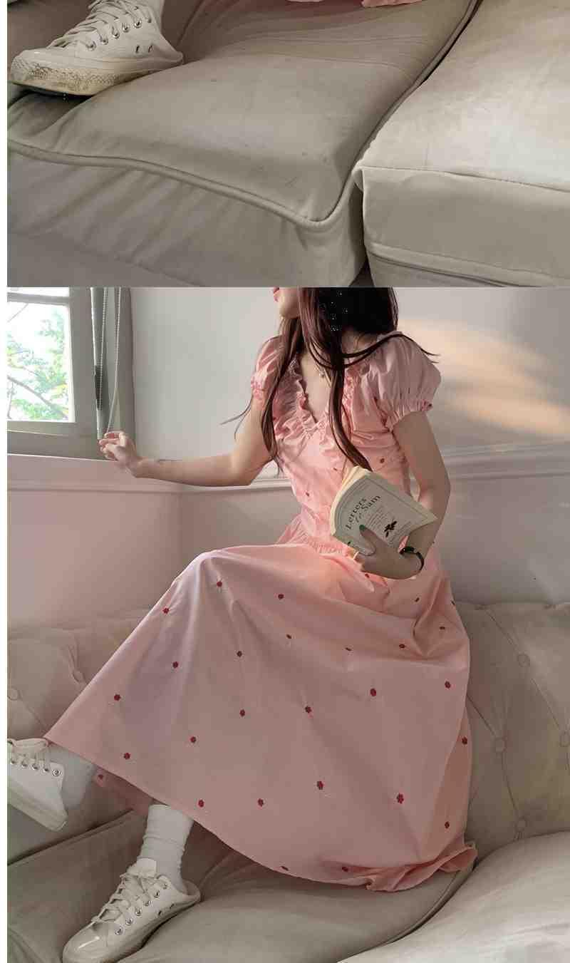 SHUANGYAN Váy ngắn tay nhẹ nhàng cho phụ nữ mùa hè 2023 ngọt ngào và cay thiết kế cảm giác V-neck nếp gấp thắt lưng váy dài